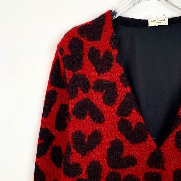 Saint Laurent Paris Red & Black Leopard Heart Print Wool Mohair Cardigan XS - Picture 3 of 6